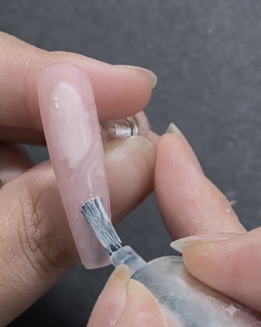 Ein Nagelpinsel trägt weißes Blooming-Gel auf die zartrosa Basis auf und erzeugt weiche, fließende Bandformen.