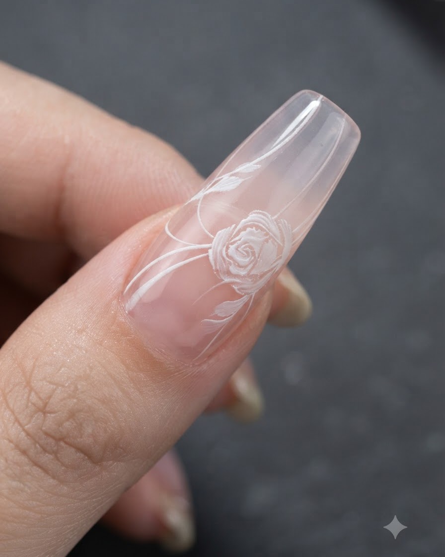 Eine Nahaufnahme eines Nagelkünstlers, der mit einem feinen Pinsel weiße Bandlinien mit einem Rosendesign auf einem zartrosa Nagel verbindet.