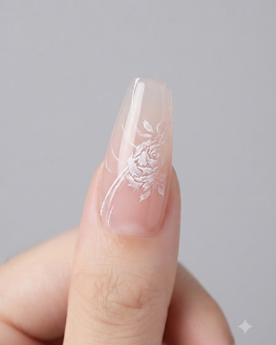 Eine detaillierte Aufnahme eines Nagels, der mit reinem Gel-Weiß verfeinert wird, um die Ränder der gemalten Rosenblüten zu umranden.