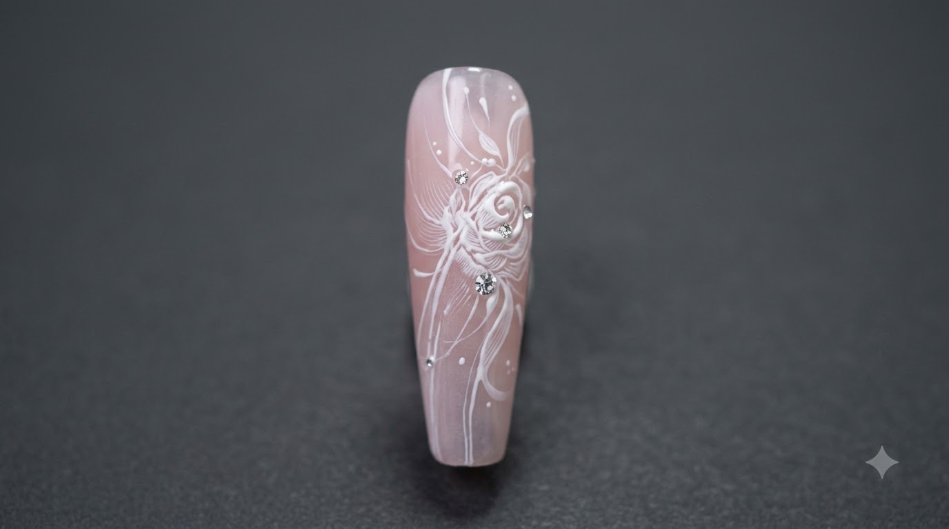Ein langer, spitz zulaufender Nagel mit einem filigranen, handgemalten weißen Rosendesign, zarten Bandlinien und Kristallen auf einer zartrosa Basis.