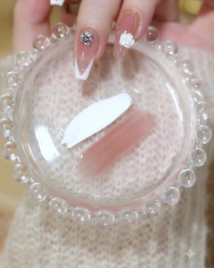 Ein Nagelpinsel trägt eine dünne Schicht durchscheinendes rosa Gel auf einen vorbereiteten Nagel auf.