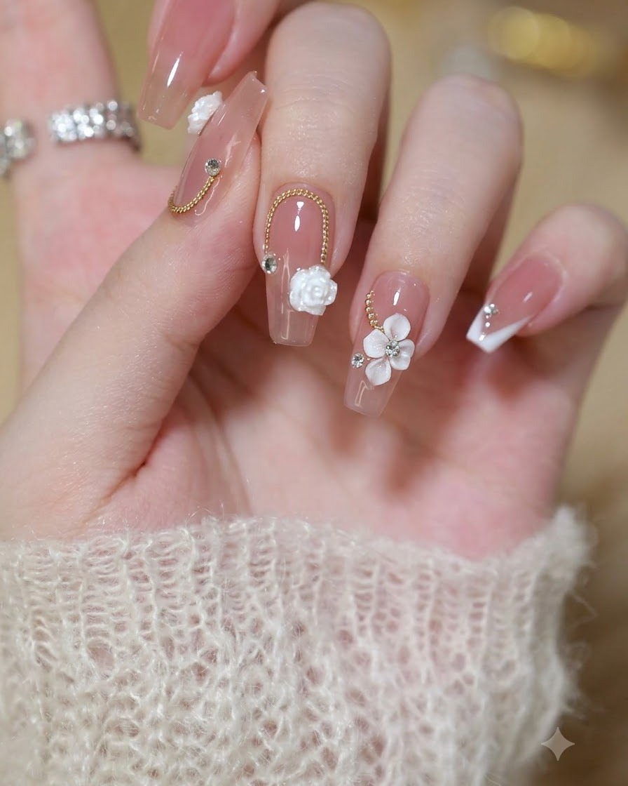 Ein feiner Linerpinsel zeichnet eine präzise weiße diagonale French Tip auf einen Coffin-Nagel.