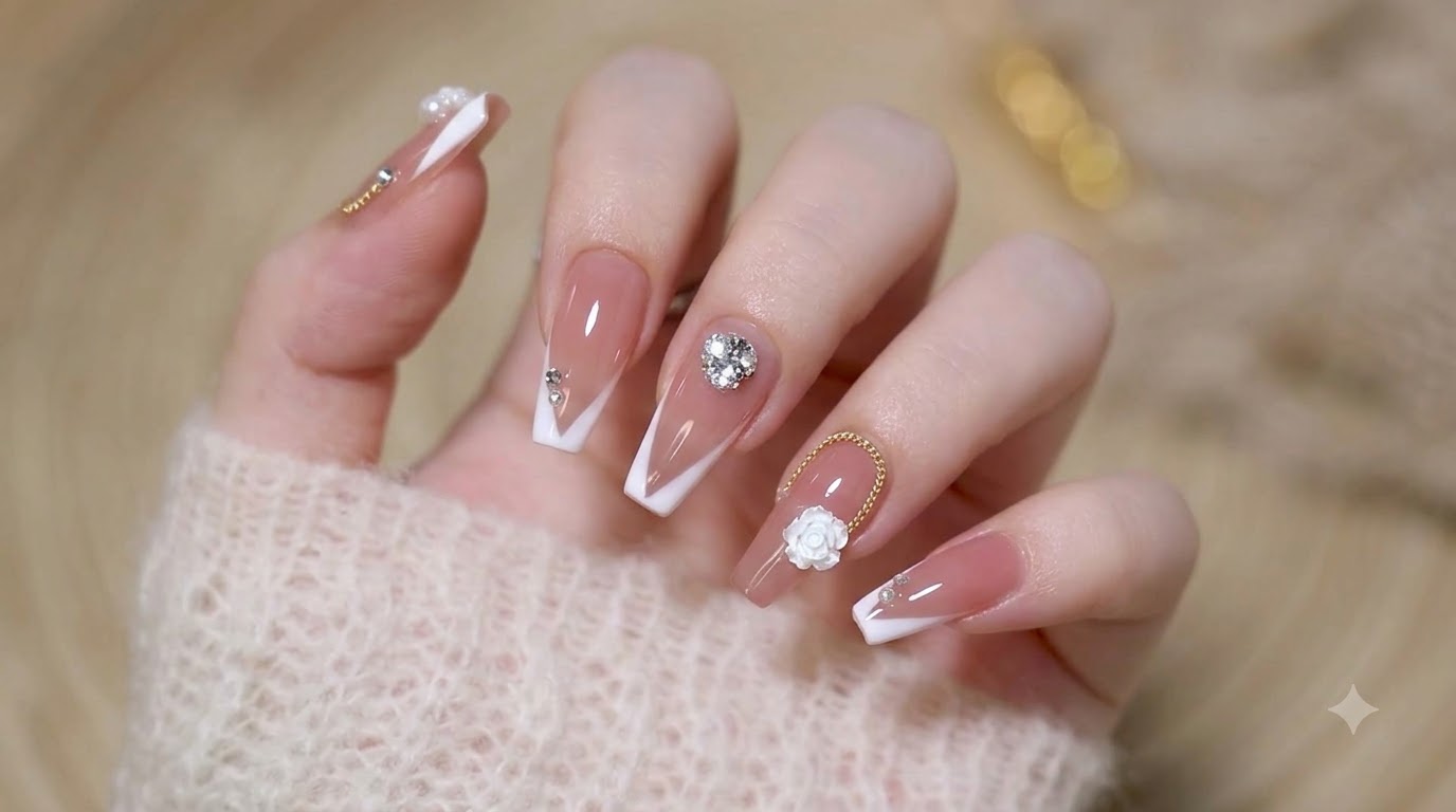 French White Rose Fairy Nail Art — Elegantes Braut-Gel-Tutorial