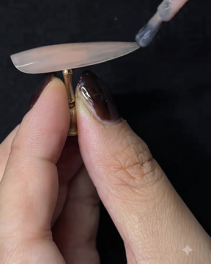 Ein Pinsel trägt eine zweite Schicht Nude-Gel-Nagellack auf eine mandelförmige Nagelverlängerung auf.