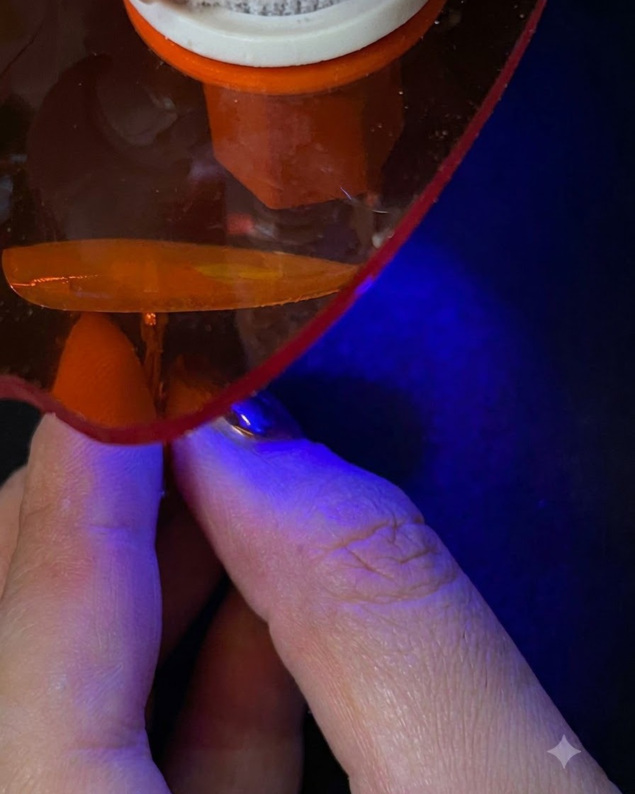 Eine Nagelverlängerung wird unter eine tragbare UV/LED-Härtungslampe mit blauem Licht gehalten.