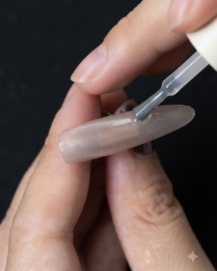 Ein Pinsel trägt eine Schicht klares Cat-Eye-Gel auf einen neutralfarbigen Basisnagel auf.
