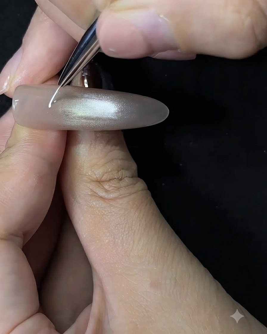 Ein feiner Detailpinsel zeichnet eine kleine weiße Spirale auf einem Nude-Cat-Eye-Nagelhintergrund.