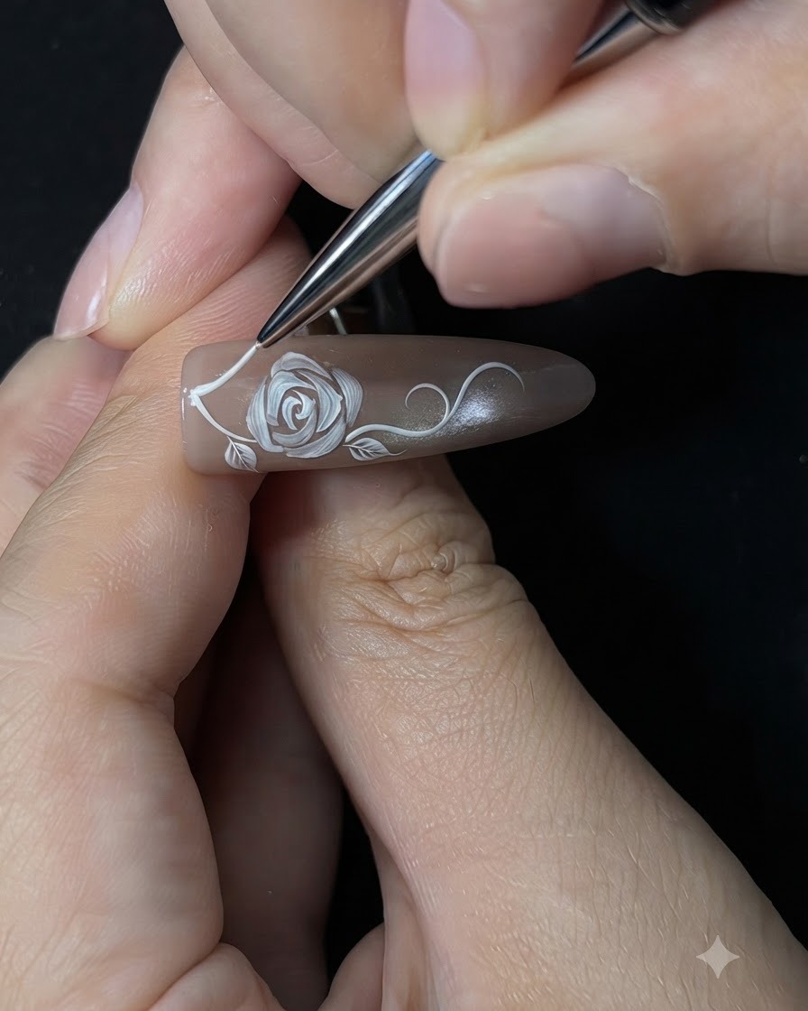 Nahaufnahme einer Nagelverlängerung mit weißen, geschwungenen Ranken und winzigen Blattdetails, die um eine weiße Rose gemalt wurden.