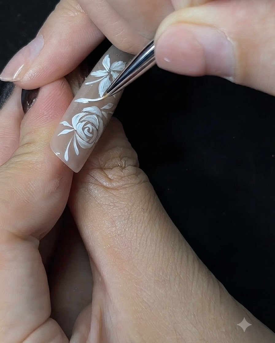 Ein dünner Nail Art Pinsel malt zarte weiße Blattdetails neben einem handgemalten floralen Design auf einen Nude-Fingernagel.