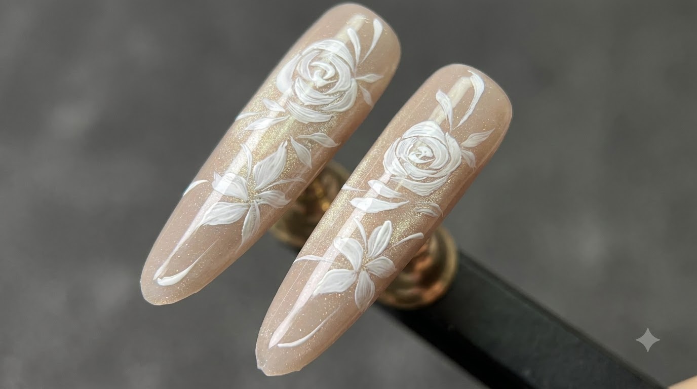 Weiße handgemalte Rosen Nail Art mit Cat-Eye Basis — Schritt-für-Schritt Tutorial