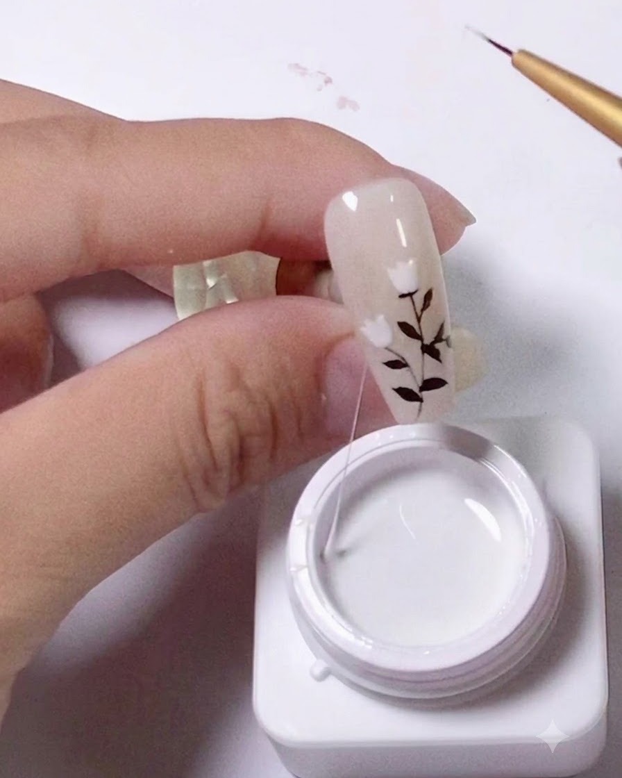 Ein feiner Liner-Pinsel taucht in einen Behälter mit weißem Spider-Gel ein und zieht einen dünnen, kontinuierlichen Gelstrang nach oben.