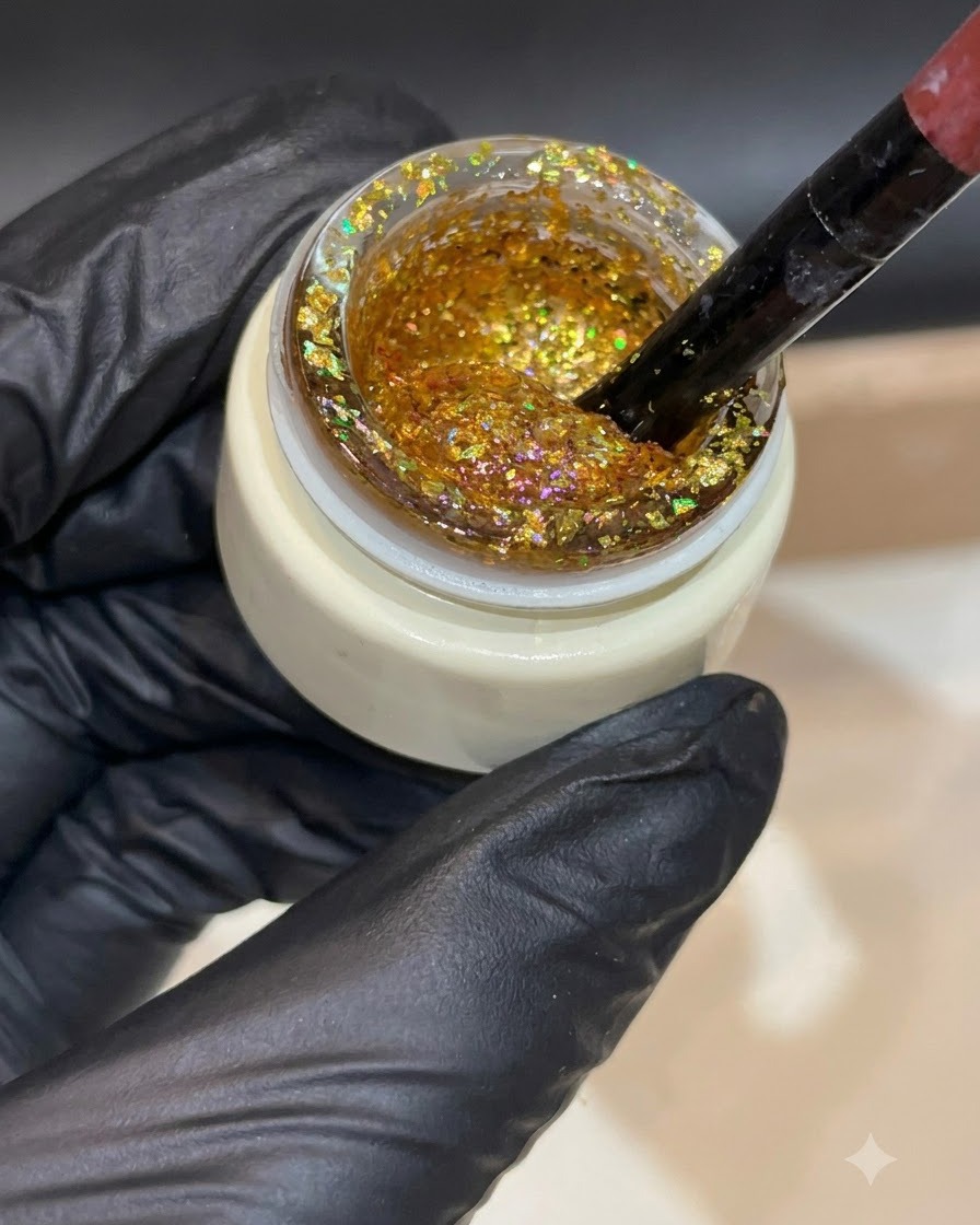 Eine behandschuhte Hand hält einen Pinsel, der in ein offenes Glas mit grobem goldenen Glitzer-Gel getaucht wird.