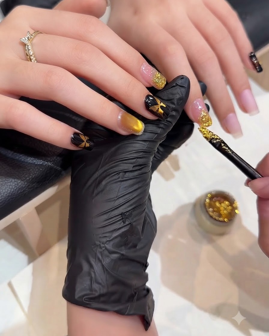 Nahaufnahme einer Nageldesignerin, die mit einem feinen Pinsel Goldglitzer auf die Nagelspitze aufträgt, um einen funkelnden Verlaufseffekt zu erzielen.