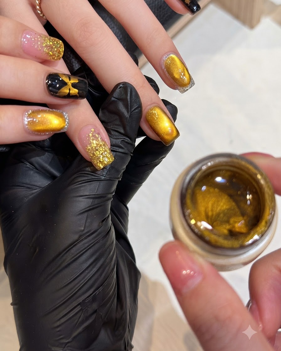 Eine Hand zeigt Nägel, die mit einem satten, schimmernden goldenen Magnet-Cat-Eye-Gel lackiert sind, neben einem offenen Tiegel des Produkts.