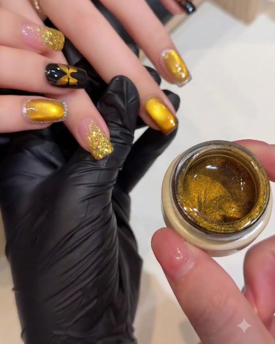 Eine Nageldesignerin formt mit einem kleinen Magnetstab die schimmernden Partikel auf einem goldenen Cat-Eye-Nagel.