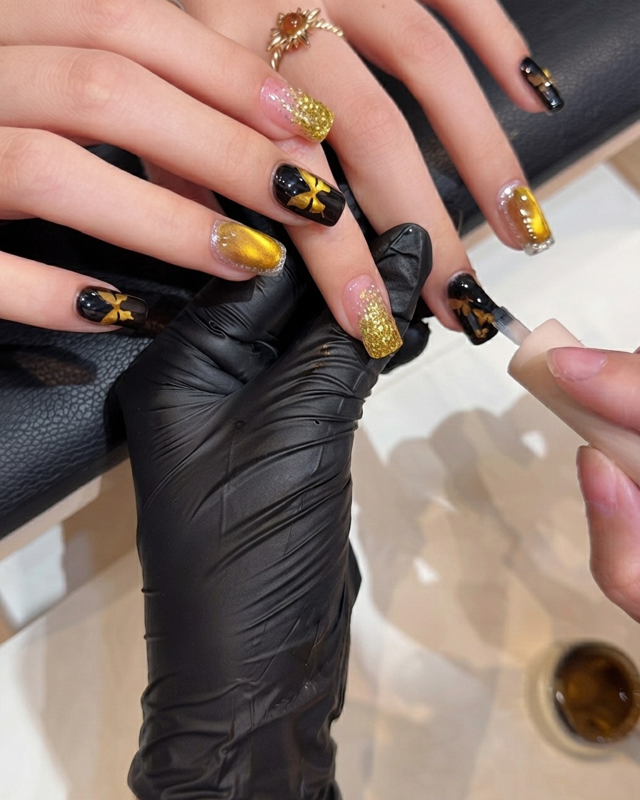 Ein Nagelpinsel trägt eine glatte Schicht Klarlack über einen dekorierten Nagel auf, um das Design zu versiegeln und Glanz hinzuzufügen.