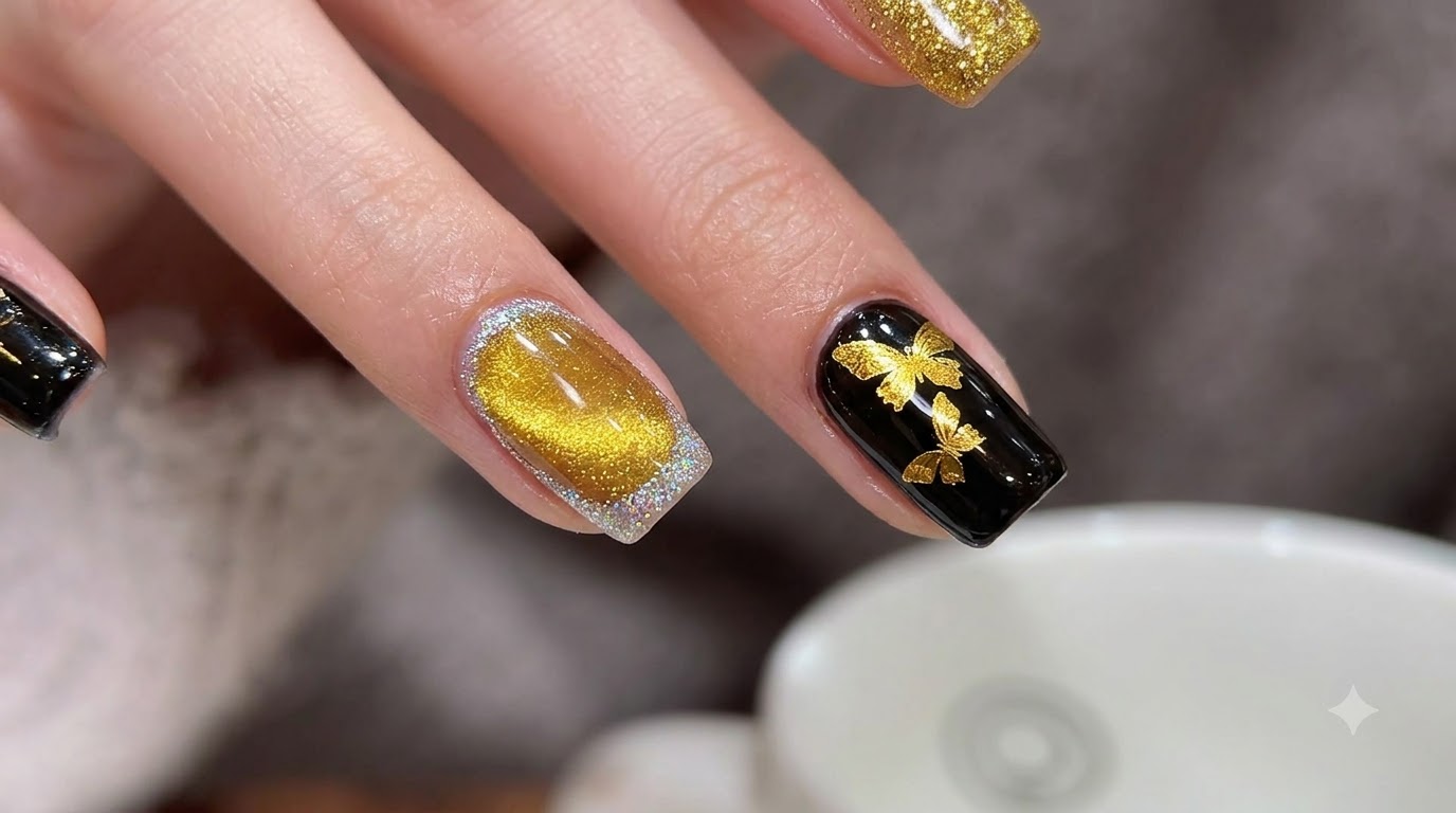 Gold und schwarze Schmetterlings-Cat-Eye-Nägel — Schritt-für-Schritt-Anleitung