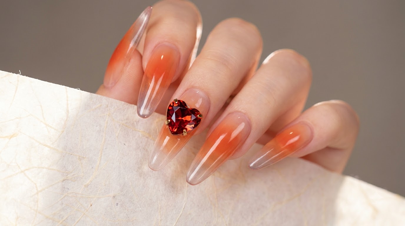 Orange Gradient Jelly Nails mit Herz-Charms — Schritt-für-Schritt-Anleitung