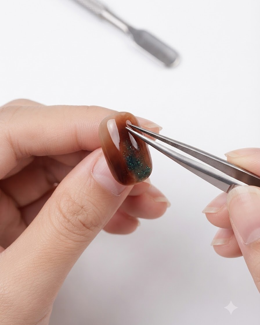 Metallpinzetten kratzen über die Hochglanzoberfläche eines fertigen Bernstein- und Cat-Eye-Nagels.