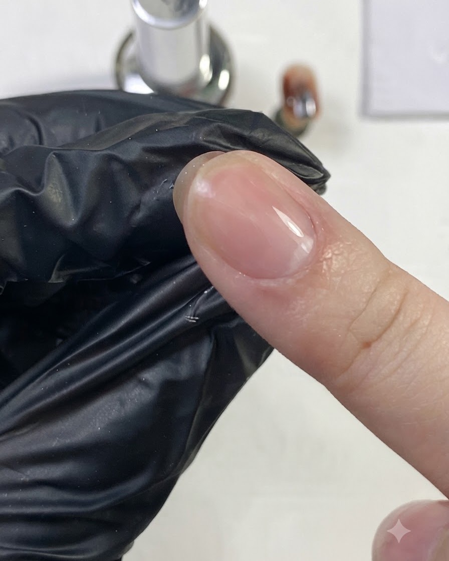 Ein behandschuhter Finger reibt kräftig über die glänzende, transparente Oberfläche eines ausgehärteten Nagels.