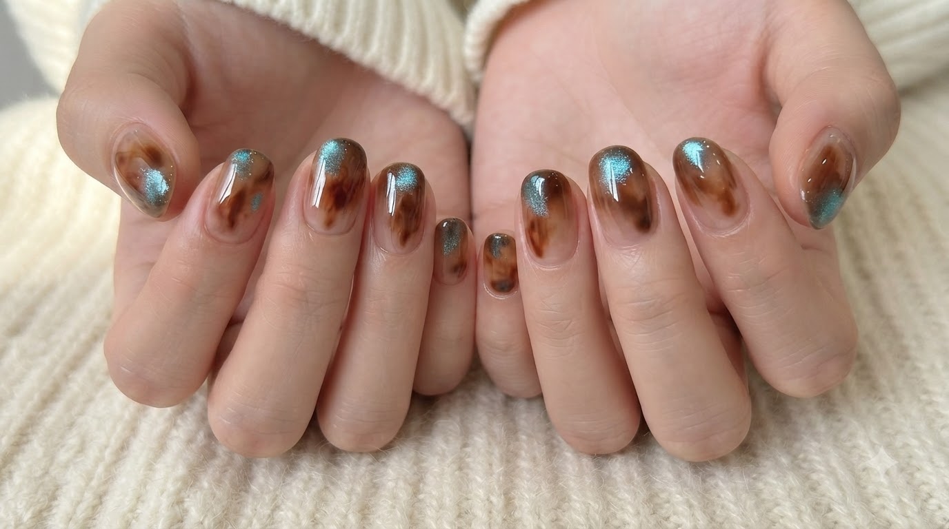 Bernsteinfarbene Smudge-Nägel mit blauem Cat-Eye-Akzent — Schritt für Schritt Nageldesign
