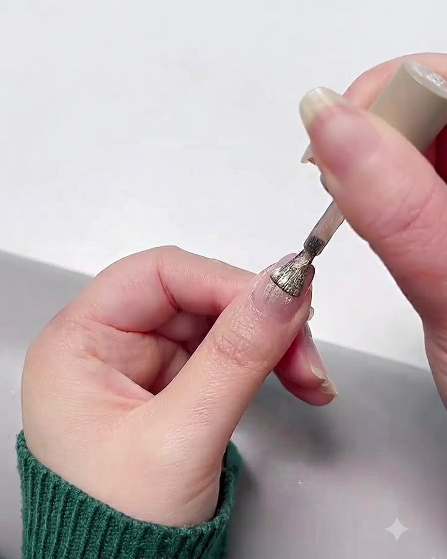 Auftragen einer glitzernden Cat Eye Gelschicht über die ausgehärtete Ombré-Basis.