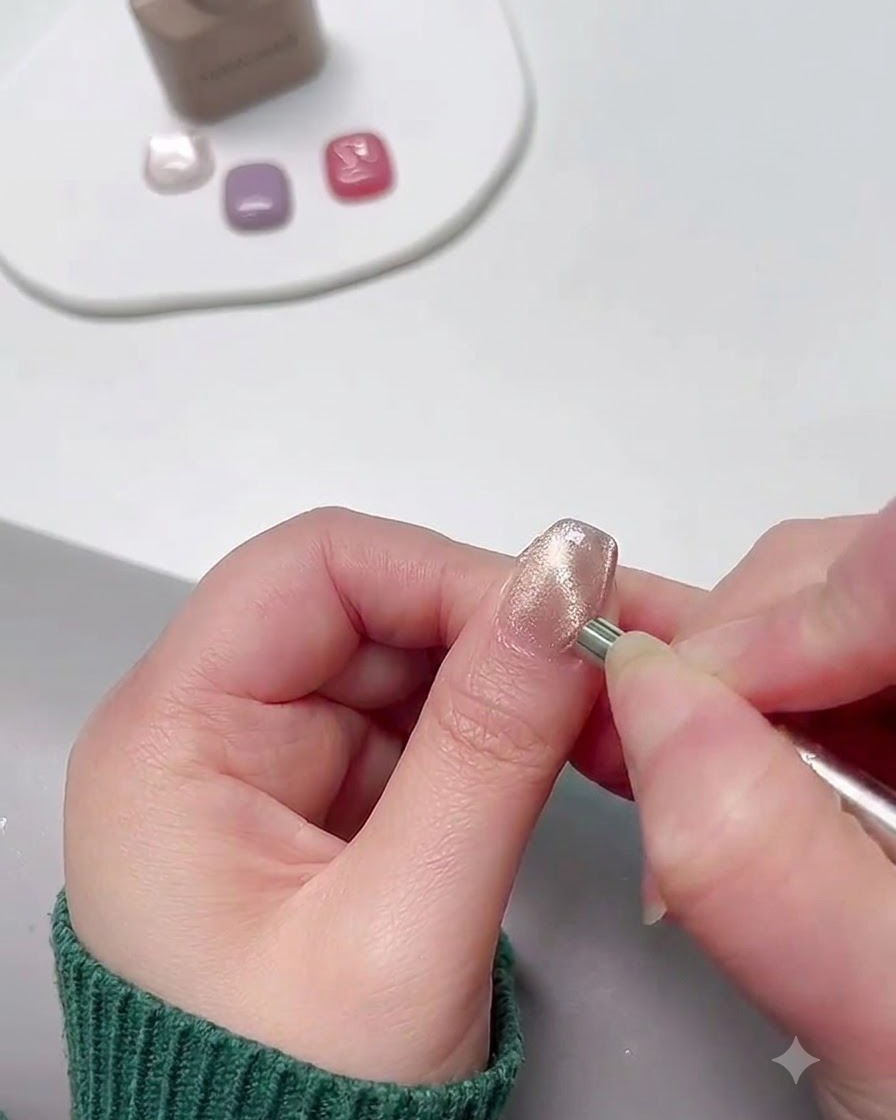 Ein Magnetstab wird nahe an einen Cat Eye Gel-Nagel gehalten, um einen Side-Light-Effekt zu erzeugen.