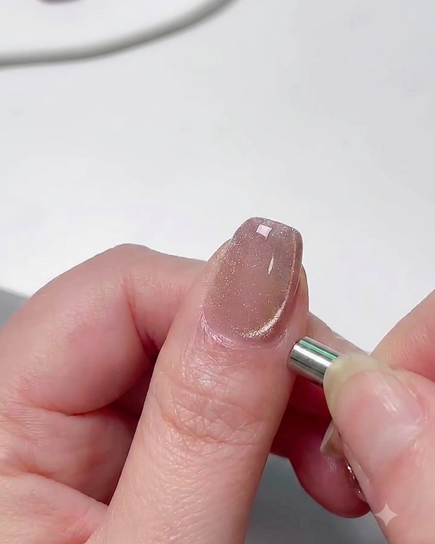 Ein zylindrischer Magnet wird nahe an die Seite eines manikürten Nagels gehalten, um die Cat Eye Reflexion anzupassen.