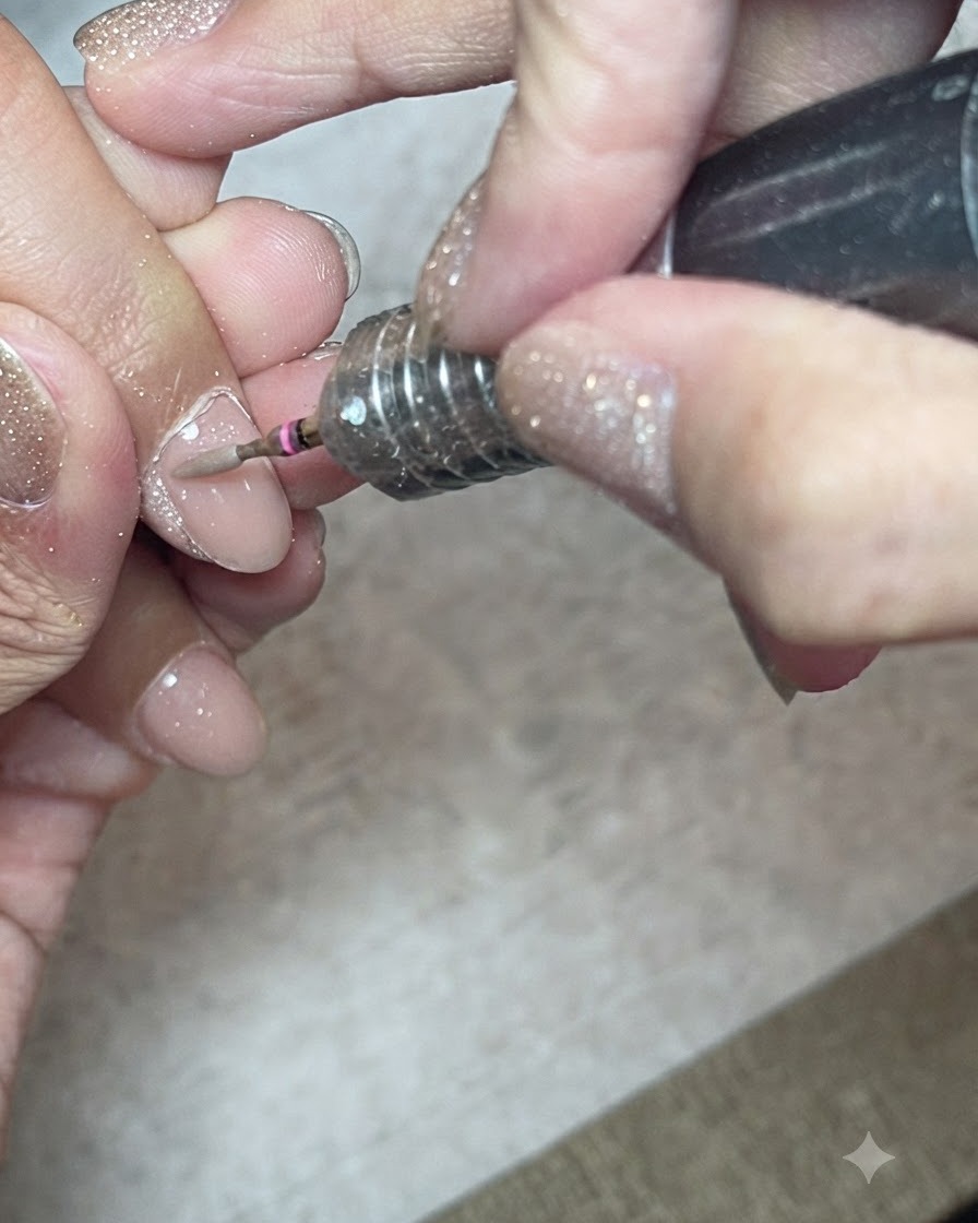 Nahaufnahme einer Fräse mit einem langen, schiffchenförmigen Bit, die die Nagelhauttasche an einem Naturnagel anhebt.