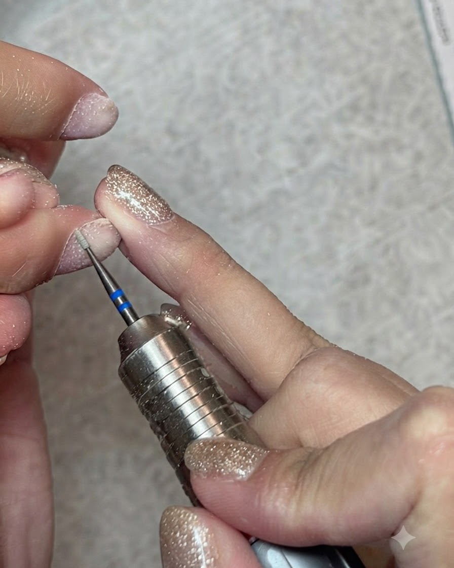 Ein großer, fluschiger Staubpinsel, der Nageldaub von vorbereiteten Fingern entfernt.