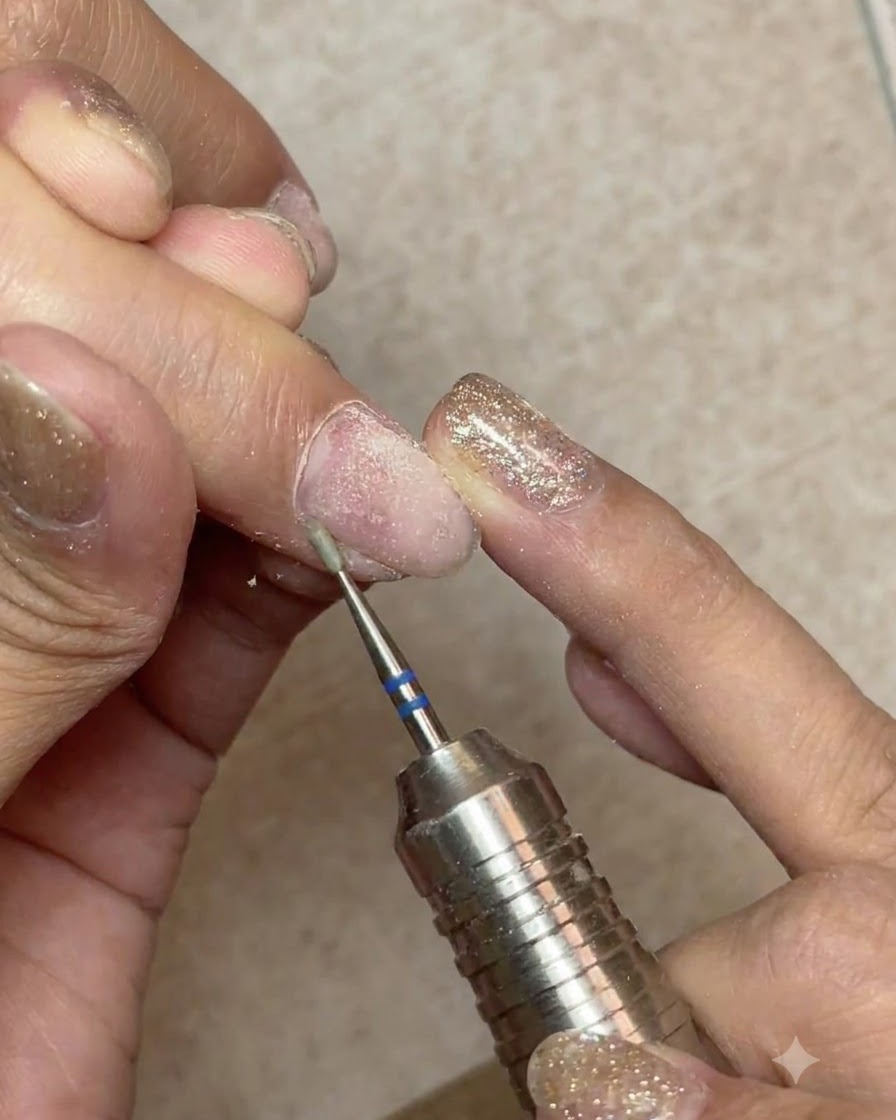 Eine Nagelräse mit einem kegelförmigen Bit, das tote Haut im Nagelhautbereich anhebt und trennt.