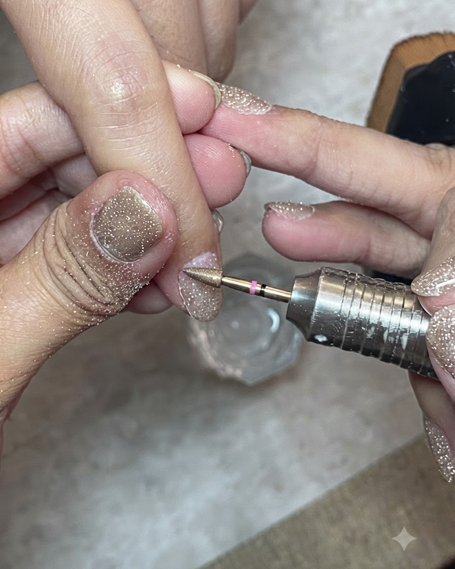 Eine feste Nagelbürste, die die Oberfläche und die umliegende Haut eines vorbereiteten Naturnagels gründlich schrubbt.