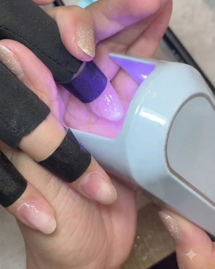 Ein Finger unter einer tragbaren UV/LED-Minilampe, die die klare Basegelschicht aushärtet.