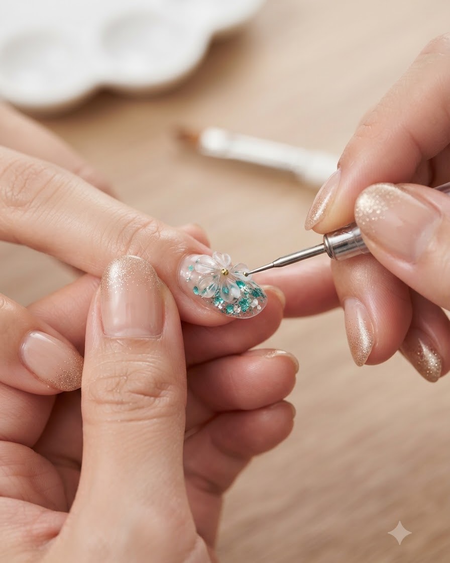 Ein Detailpinsel, der einzelne Pailletten und 3D-Blumenelemente sorgfältig entlang der Nagelspitze anordnet, um den Ombré-Effekt zu verfeinern.