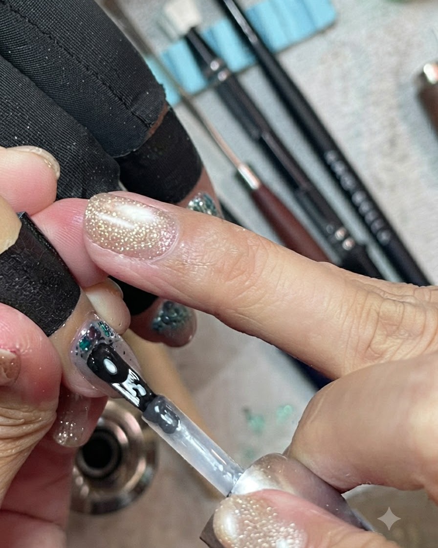 Ein Nagelpinsel, der klares Aufbaugel über eine mit mintblauen Pailletten verzierte Nagelspitze aufträgt.
