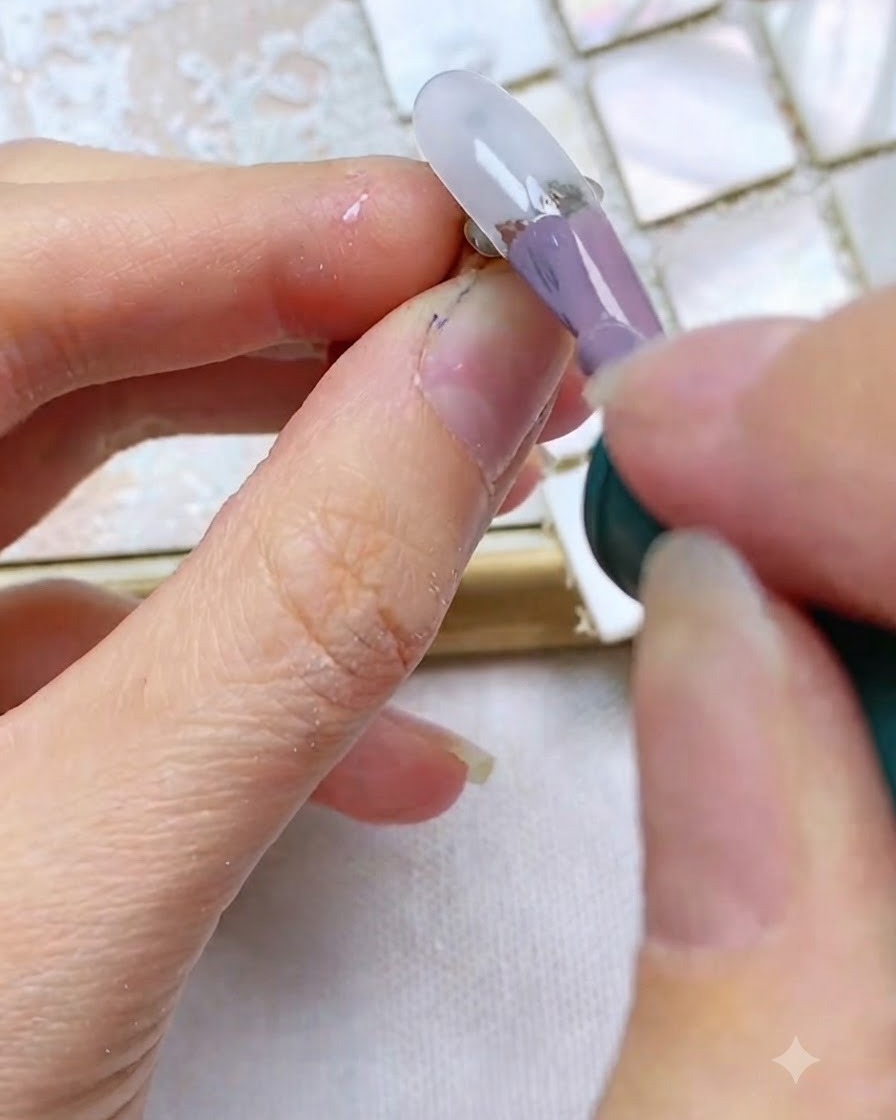 Ein Nagelpinsel trägt einen dicken Strich graulila Gel auf die Mitte einer durchsichtigen weißen Nagelspitze auf.