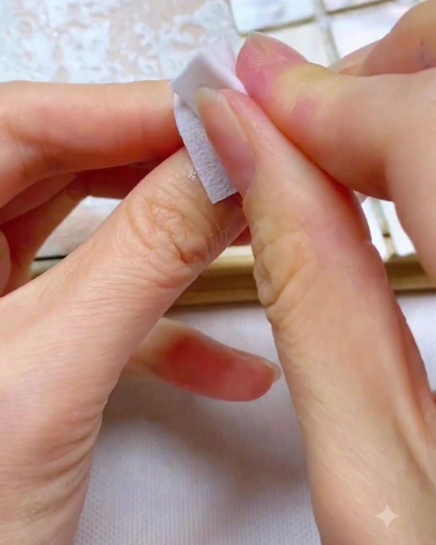Finger benutzen ein weißes fusselfreies Tuch, um graulila Gel gründlich von der Nagelplatte zu reinigen.