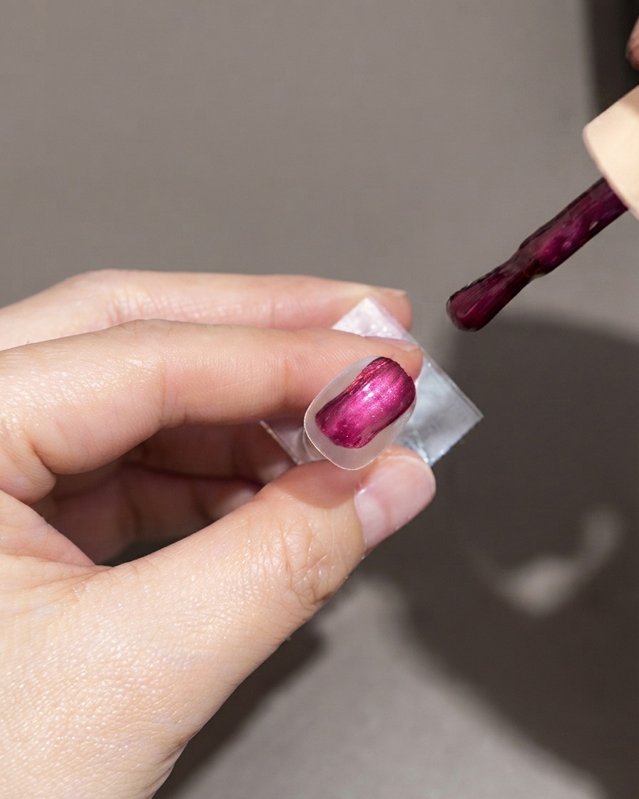 Eine vollständig lackierte Nagelspitze mit glänzendem dunkelviolettem Gellack, wobei der Anwendungspinsel in der Nähe schwebt.