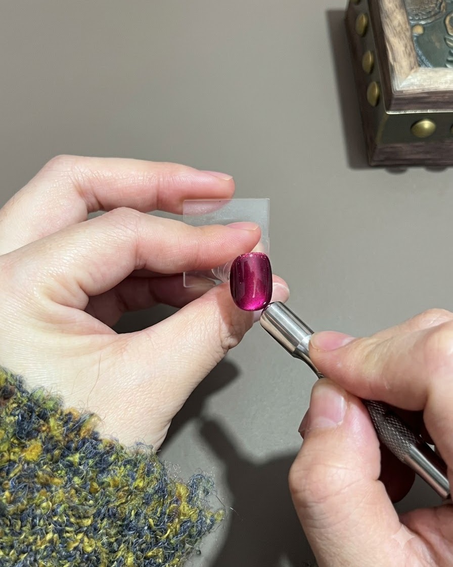 Ein Magnet wird an der Oberfläche eines violetten Gelnagels nach oben geschoben.