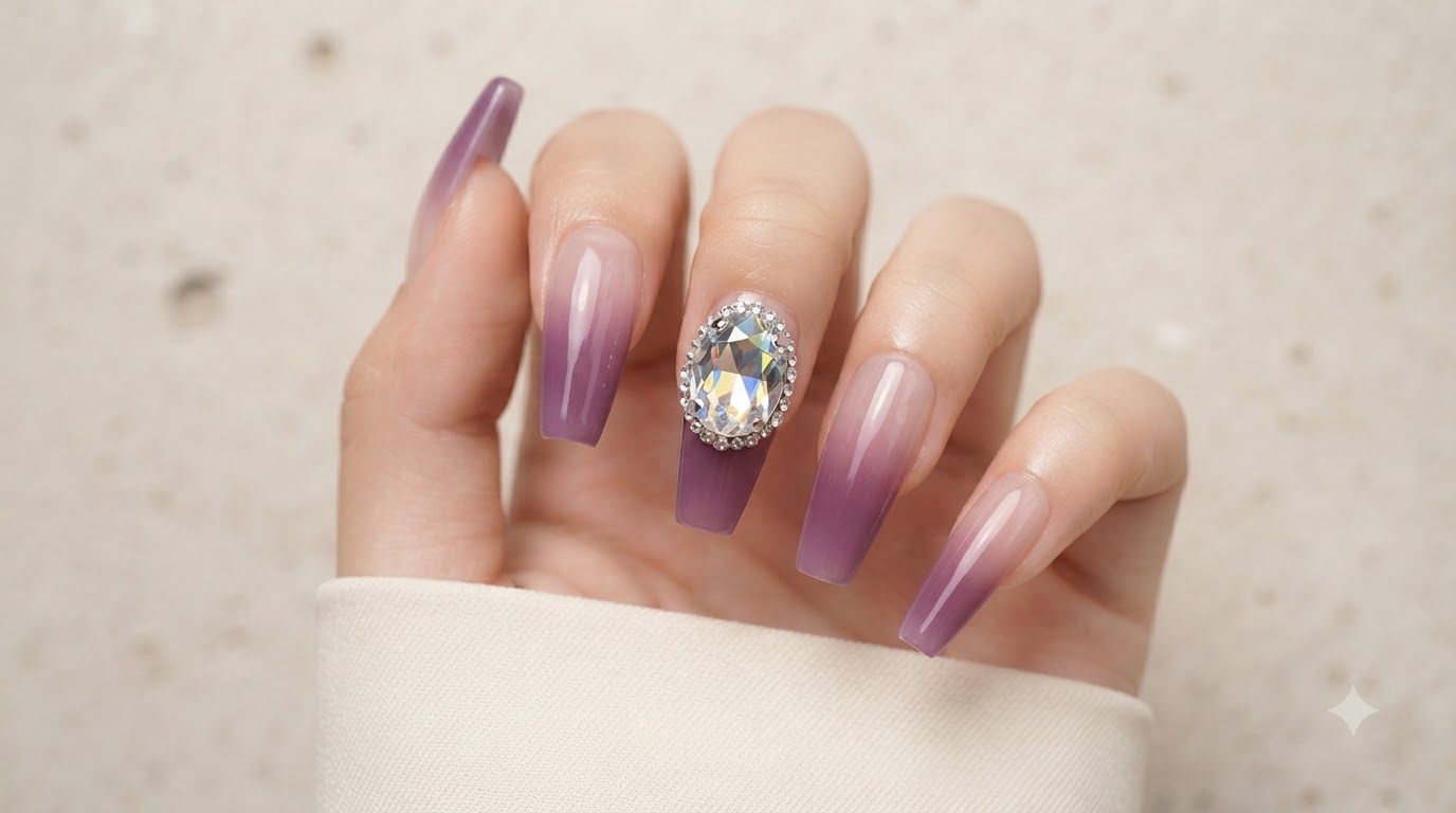 Taro Lila Gradient Press-on Nägel mit Kristall — Schritt für Schritt Tutorial