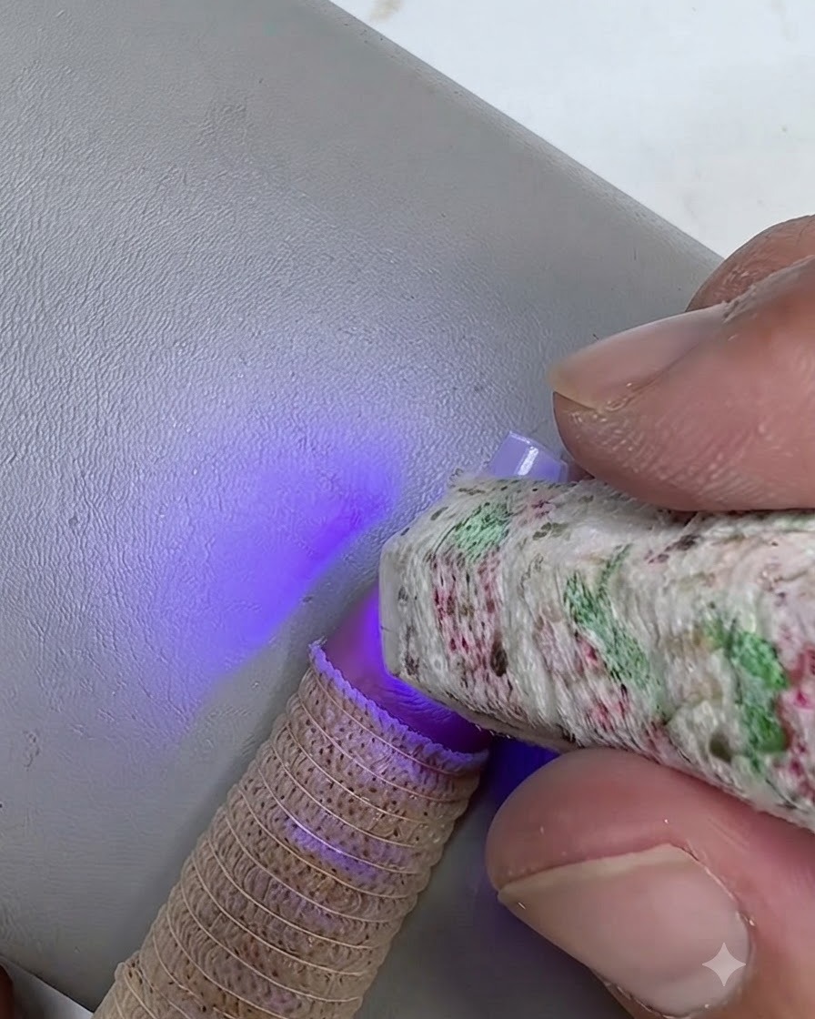 Eine Nahaufnahme einer tragbaren Mini-UV/LED-Lampe, die beim Aushärten von klarem Gel auf einem Naturnagel lila leuchtet.