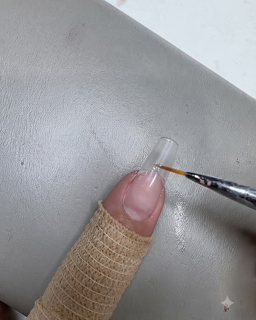 Ein feiner Liner-Pinsel trägt einen Streifen Klargel horizontal über die Nagelspitze eines vorbereiteten Naturnagels auf.