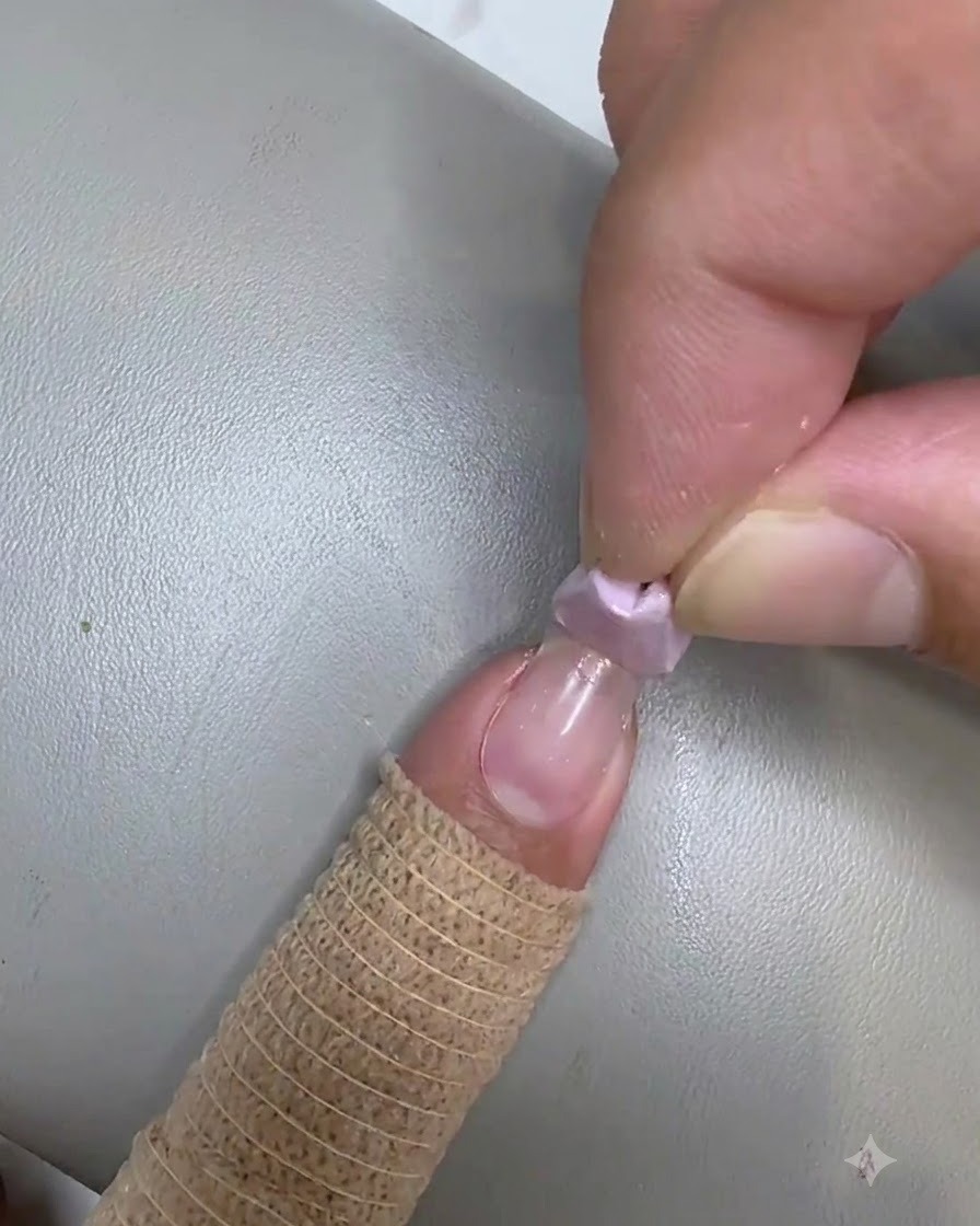 Ein kleiner Make-up-Schwamm wird verwendet, um Klargel sanft auf die Nagelspitze zu tupfen.