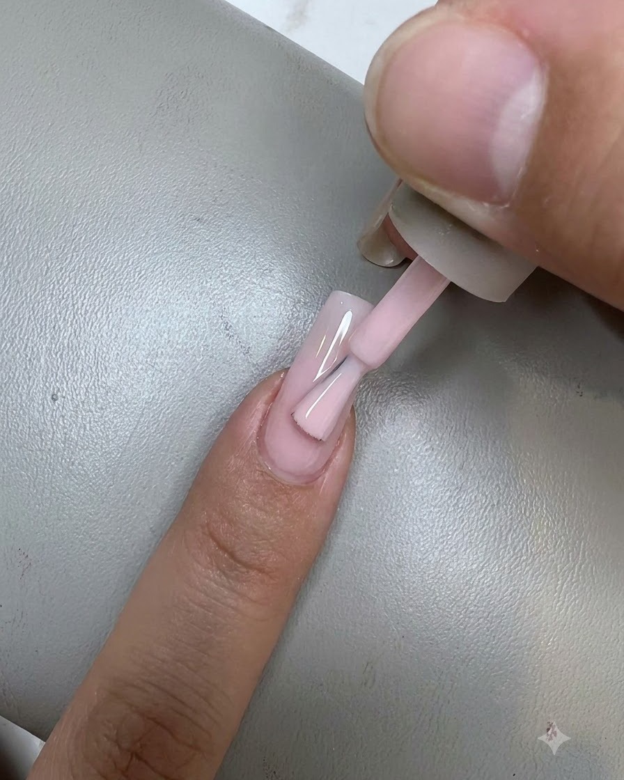 Ein Nagellackpinsel trägt eine glatte Schicht Nude-Pink-Gel auf einen Nagel auf und streicht dabei von der Nagelhaut zur Spitze.
