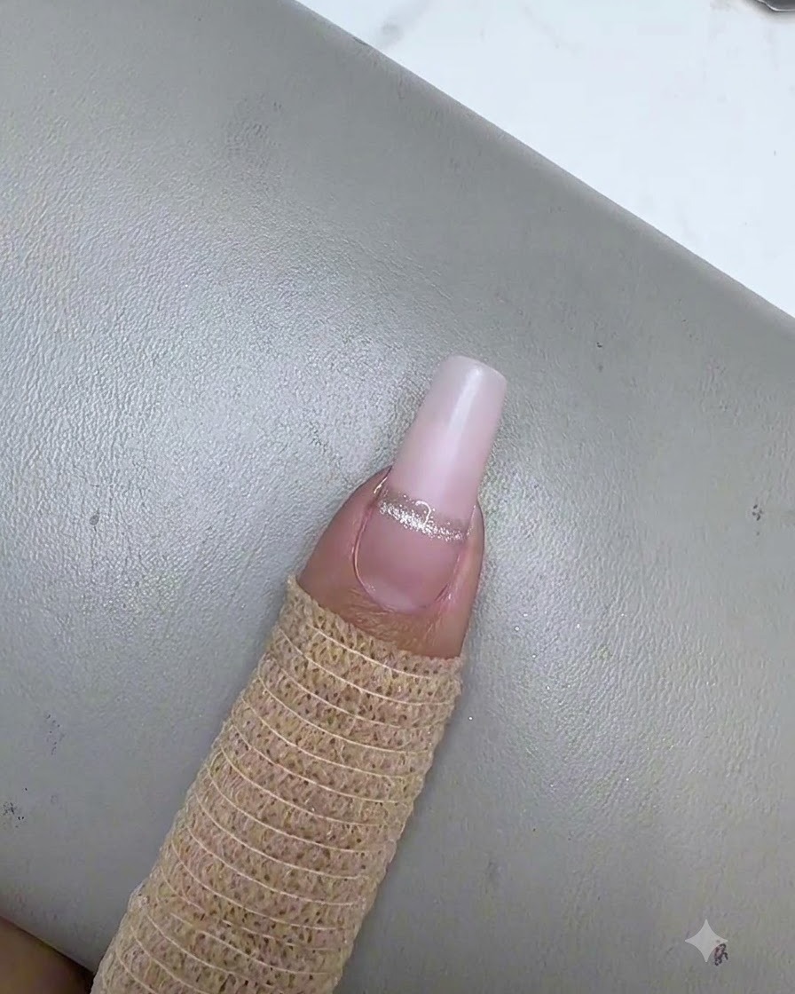 Eine violette Mini-UV-LED-Lampe härtet einen einzelnen silbernen Cat-Eye-Streifen auf einem Nude-Pink-Gel-Nagel aus.