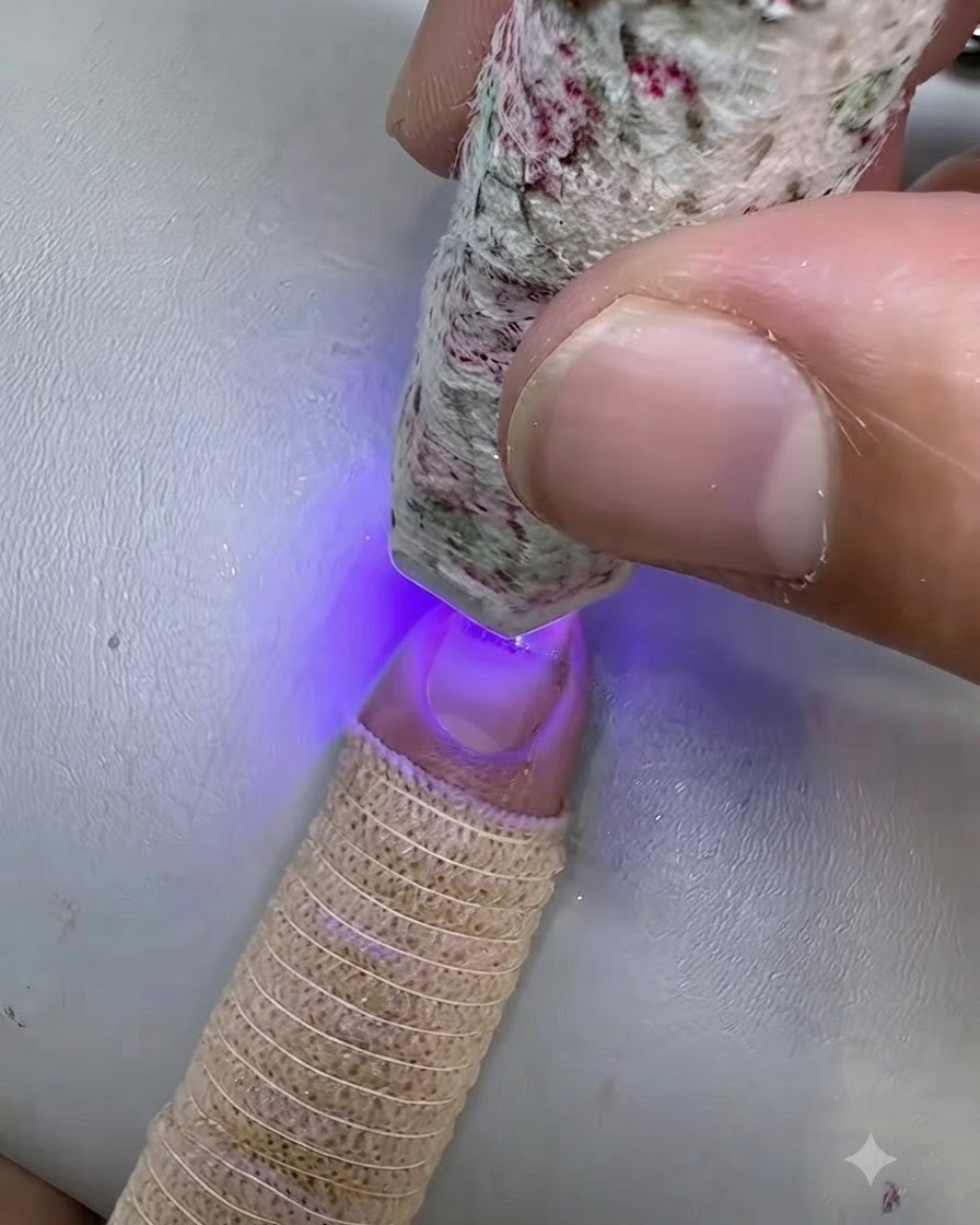Eine Mini-UV-LED-Lampe härtet den rosa Cat-Eye-Streifen auf dem Fingernagel aus.