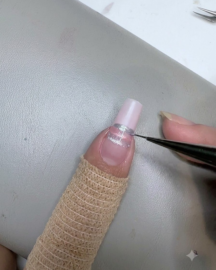 Ein Liner-Pinsel malt einen dritten blauen horizontalen Streifen unter den rosa Streifen auf den Nagel.