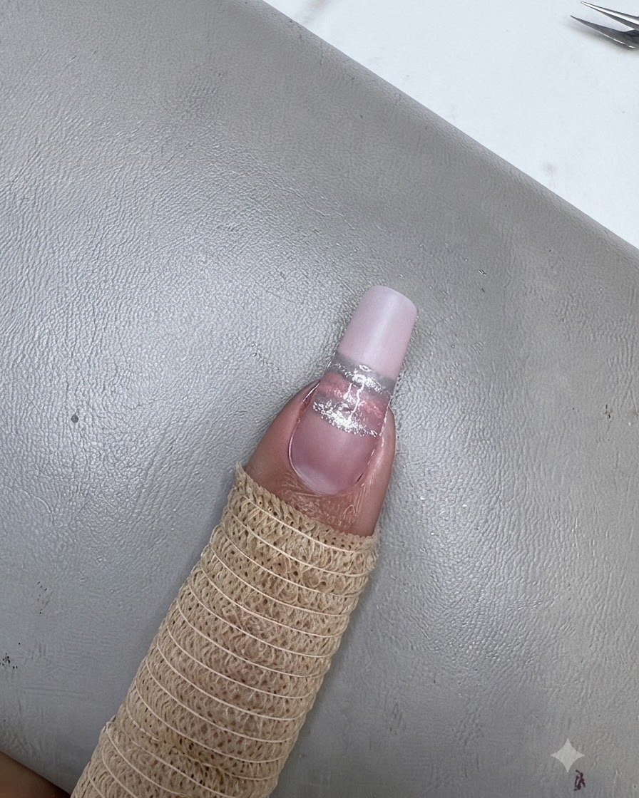 Ein Fingernagel mit einem blauen Cat-Eye-Streifen wird unter einer Mini-UV/LED-Lampe ausgehärtet.