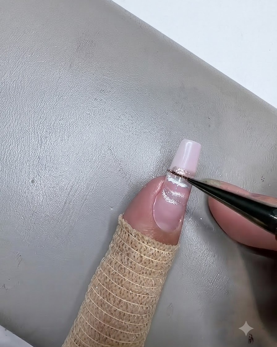 Ein feiner Liner-Pinsel trägt einen champagnerfarbenen Cat-Eye-Gelstreifen horizontal über den Nagel auf.