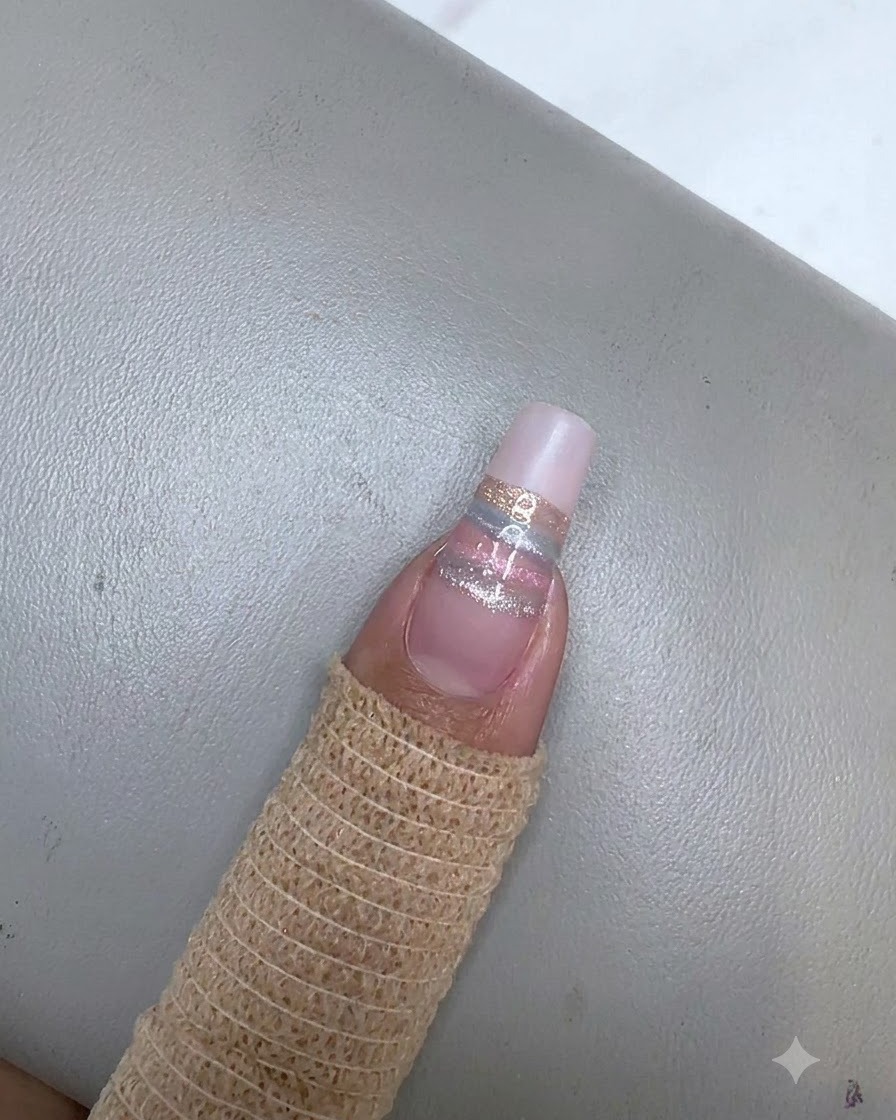 Ein rechteckiger Magnet wird über den champagnerfarbenen Cat-Eye-Streifen gehalten, um den Schimmer auszurichten.